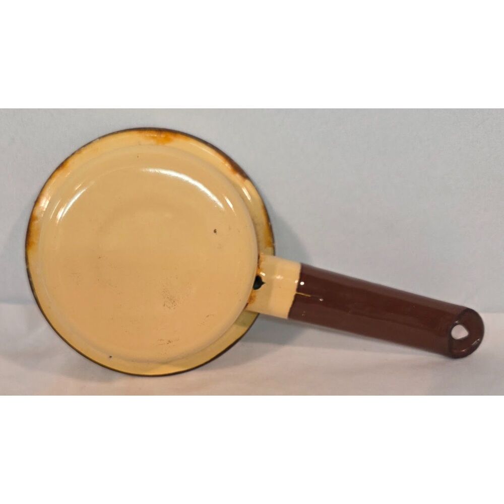 Vintage Enamelware Sauce Pan Yellow Enamel Pot w/ Brown Handle Farmhouse Kitchen